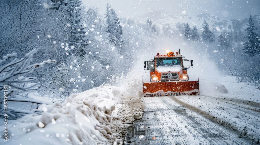 A snowplow clearing a snowy road during a heavy snowfall.