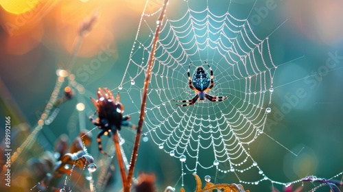 A spider in the center of its web, highlighted by morning dew. photo