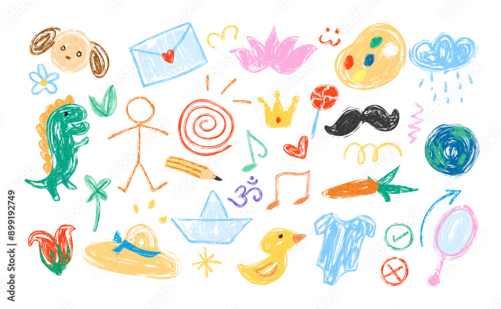 Crayon, chalk, pencil texture of kid set element. Colorful stickman, paper boat, fruits, lotus, moustache, aum, pencil, easel, letter, flower and more, doodle and scribble Crayon, chalk, pencil texture of kid set element. Colorful stickman, paper boat, fruits, lotus, moustache, aum, pencil, easel, letter, flower and more, doodle and scribble