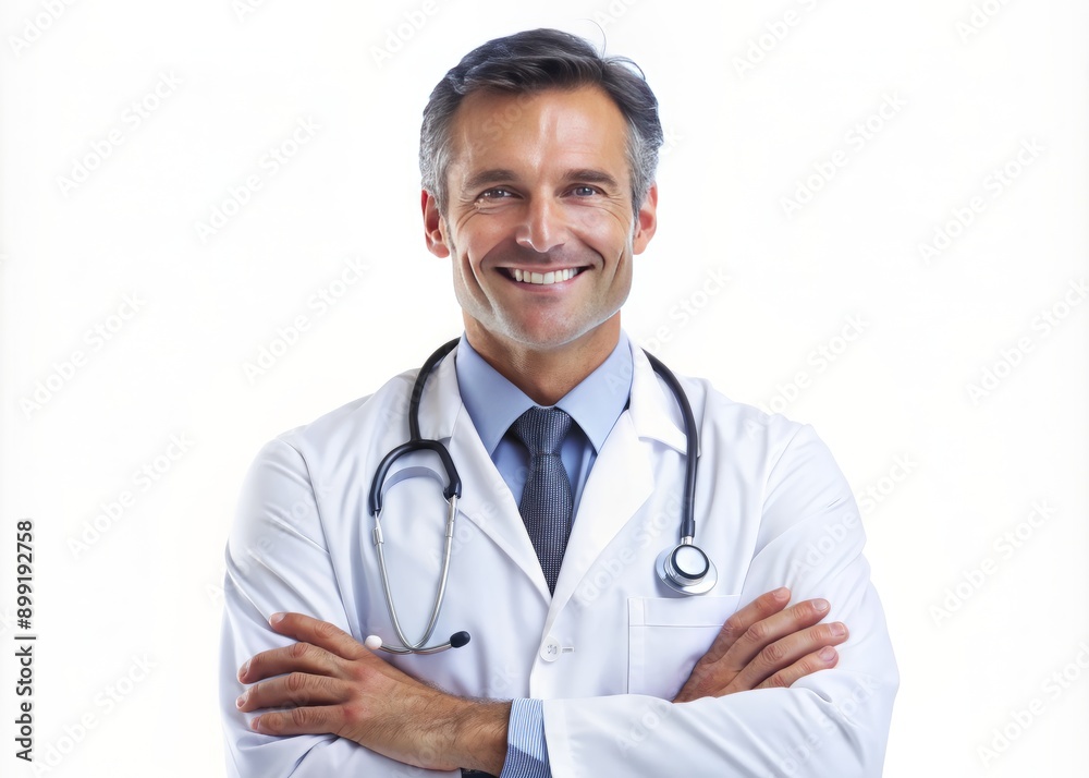 Confident male physician with stethoscope around neck and crossed arms, beaming with friendliness, poses against a clean white background, exuding trust and professionalism. Confident male physician with stethoscope around neck and crossed arms, beaming with friendliness, poses against a clean white background, exuding trust and professionalism.