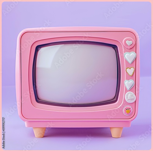 pink retro tv with white screen, sticker style, pastel purple background, valentine's day vibe, kawaii aesthetic, cute and dreamy