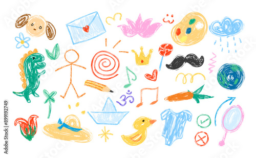 Crayon, chalk, pencil texture of kid set element. Colorful stickman, paper boat, fruits, lotus, moustache, aum, pencil, easel, letter, flower and more, doodle and scribble