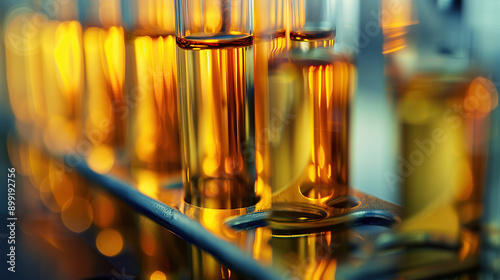 A row of test tubes filled with yellow liquid photo