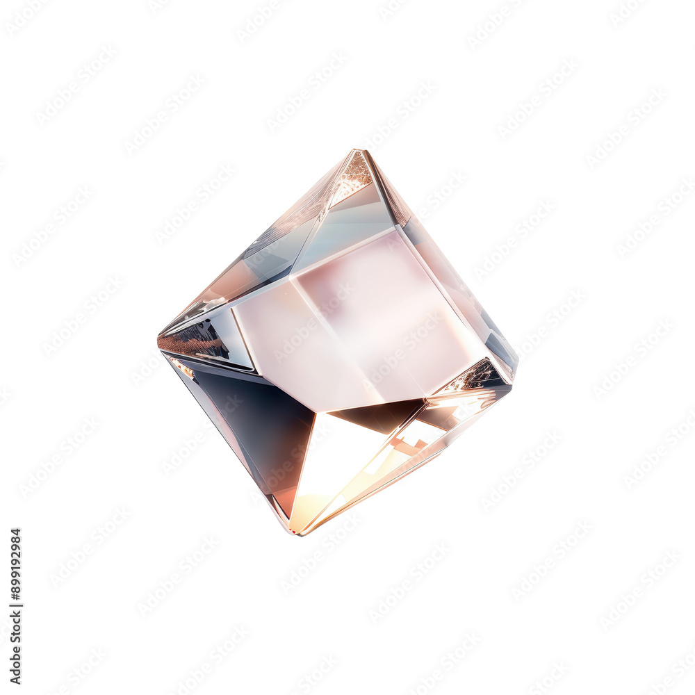 A crystal clear, geometric gemstone with a soft pink hue. The facets reflect light and create a sense of sparkle and depth. Isolated on a white background. A crystal clear, geometric gemstone with a soft pink hue. The facets reflect light and create a sense of sparkle and depth. Isolated on a white background.