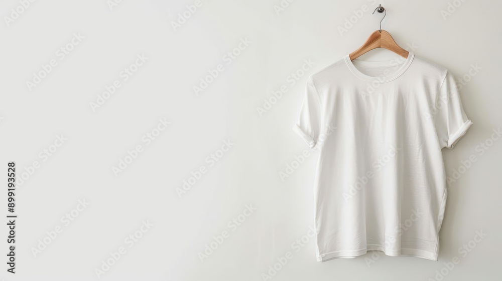 A white t-shirt hanging on a wooden hanger A white t-shirt hanging on a wooden hanger
