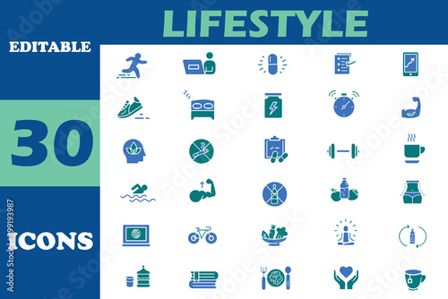 Lifestyle and healthy minimal flat icons set. Healthy lifestyle related icons : Happiness, diet, exercise, sport, game, fitness, music, sleep, relationships, running icons and more signs. Vector set