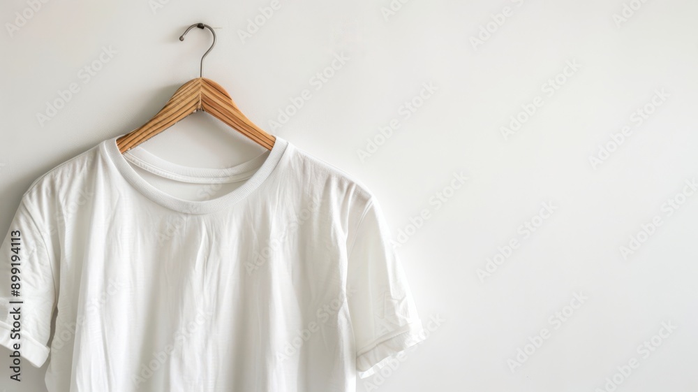A white shirt hanging on a wooden hanger A white shirt hanging on a wooden hanger