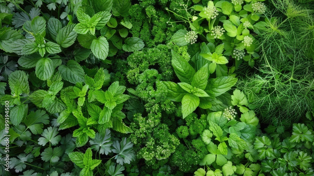 Fototapeta premium A vegetable plot with a mix of herbs, including mint, parsley, and dill, growing in small sections.