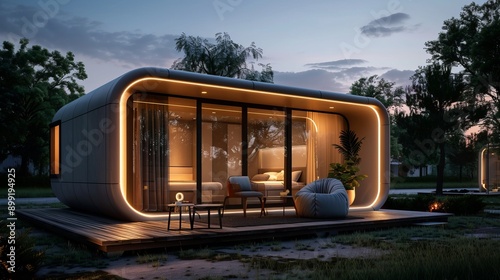 Modern tiny home with sleek exterior, glowing lights at dusk. Minimalist design, cozy outdoor seating in tranquil natural surroundings.