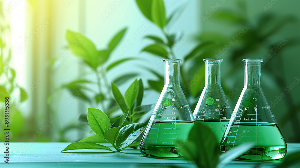 Dried ginseng roots and fresh green leaves on a laboratory table with test tubes in the background Dried ginseng roots and fresh green leaves on a laboratory table with test tubes in the background