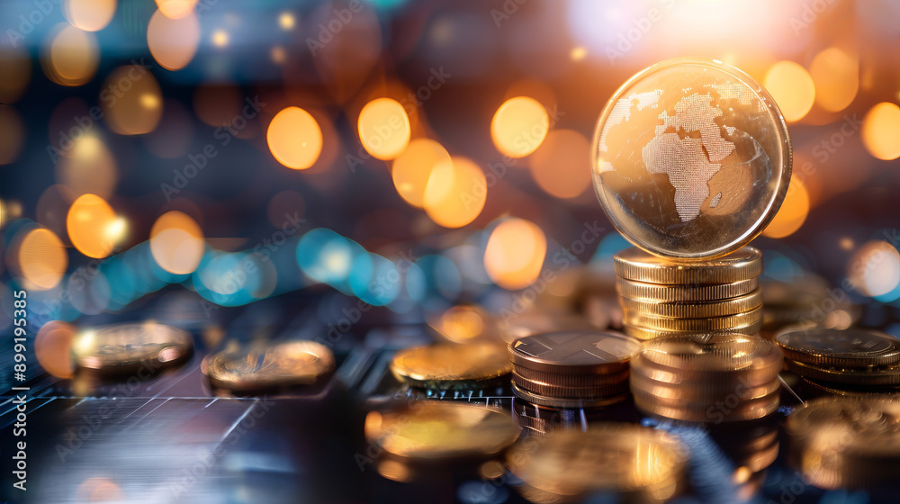 Stack of coins with a globe, symbolizing global economy and finance. Golden bokeh lights in the background create a visually rich effect. Stack of coins with a globe, symbolizing global economy and finance. Golden bokeh lights in the background create a visually rich effect.
