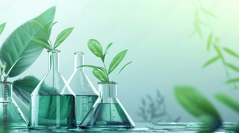 Dried ginseng roots and fresh green leaves on a laboratory table with test tubes in the background Dried ginseng roots and fresh green leaves on a laboratory table with test tubes in the background