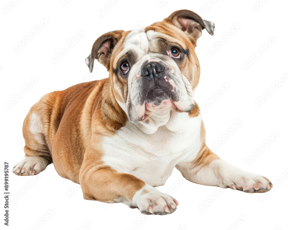 A brown and white dog is laying on a white background A brown and white dog is laying on a white background