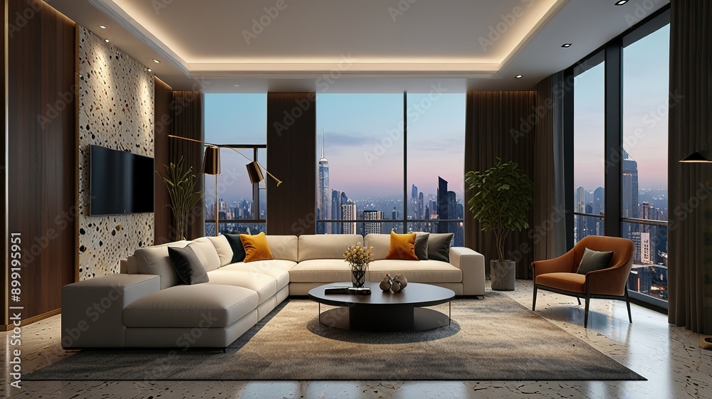Fototapeta premium Modern style luxury interior with city view 3d render, There are terrazzo floor decorated wall with hidden light