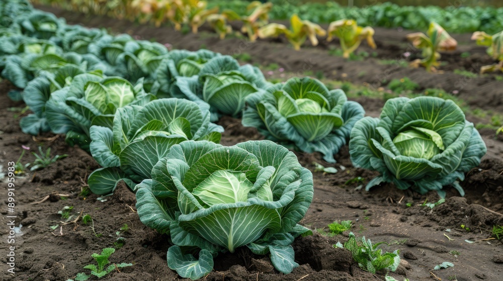 Naklejka premium A vegetable plot with vibrant cabbage heads, growing in neat rows.
