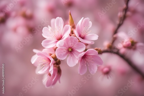 Pink flowering almond flower bokeh background, AI Generated
