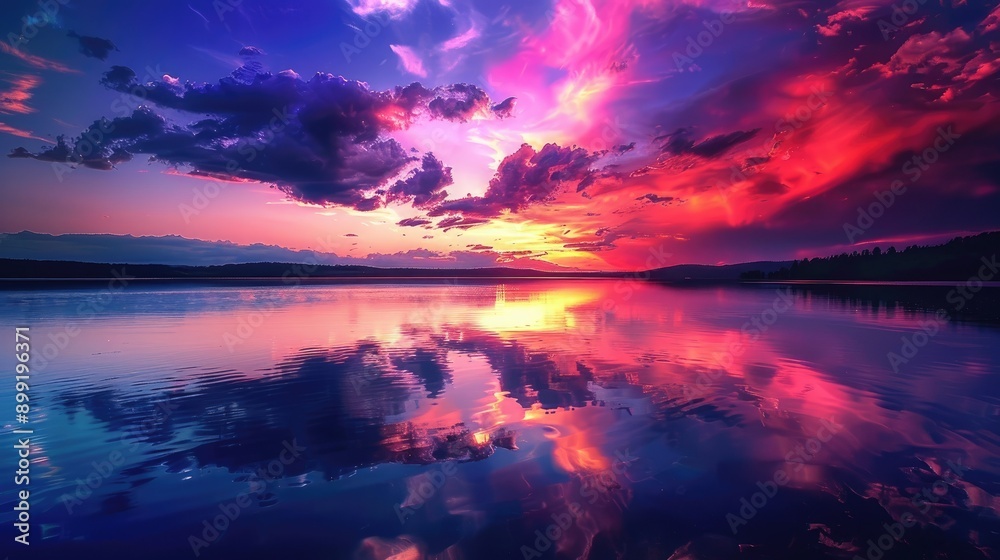 A vibrant light show reflecting off a calm lake. A vibrant light show reflecting off a calm lake.