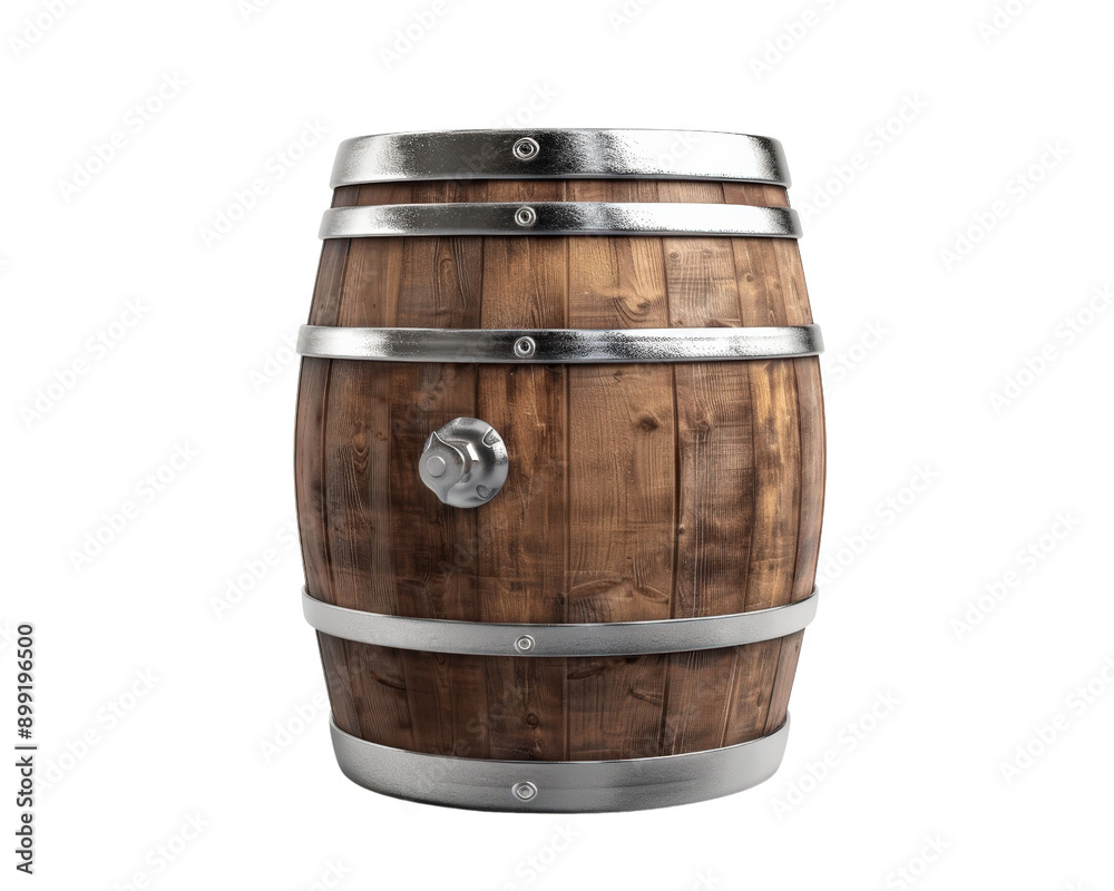Obraz premium A wooden barrel with a silver cap on top. The barrel is empty and sits on a white background