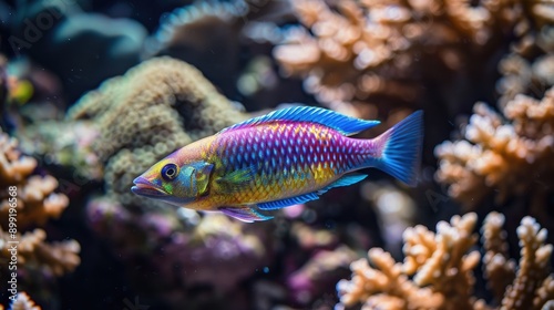 A vibrant wrasse fish swimming among the coral formations.