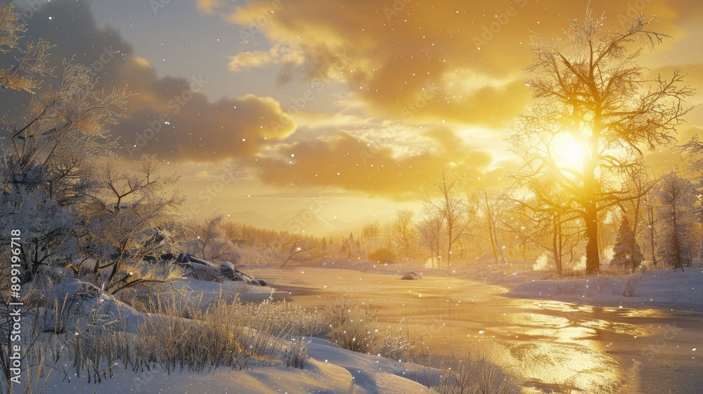 A winter sunrise casting a golden glow over a snowy landscape. A winter sunrise casting a golden glow over a snowy landscape.