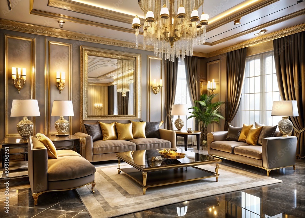 Luxurious modern Hollywood Regency living room with gleaming golden accents, sleek lines, and opulent furnishings, exuding glamour and sophistication in a lavish interior setting. Luxurious modern Hollywood Regency living room with gleaming golden accents, sleek lines, and opulent furnishings, exuding glamour and sophistication in a lavish interior setting.