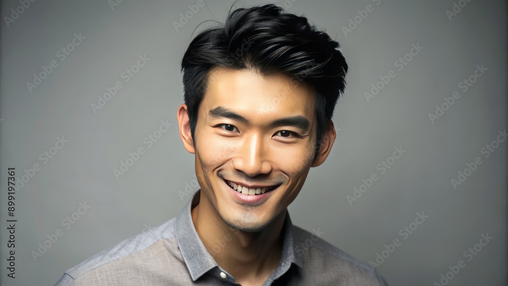 Confident Asian male model with charming smile and stylish hairstyle faces camera directly, conveying friendliness and positivity in a neutral background setting. Confident Asian male model with charming smile and stylish hairstyle faces camera directly, conveying friendliness and positivity in a neutral background setting.