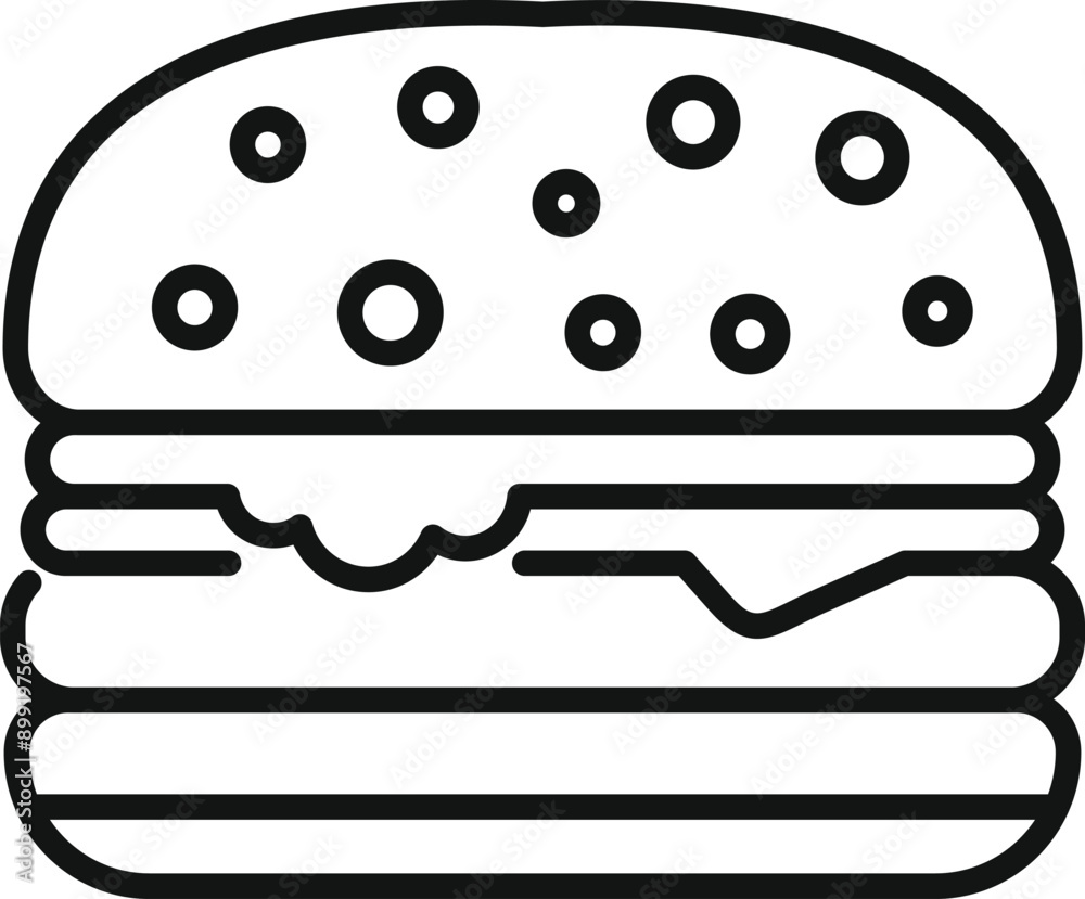 Line art icon of a big burger with sesame seeds bun, representing fast food and unhealthy eating habits Line art icon of a big burger with sesame seeds bun, representing fast food and unhealthy eating habits