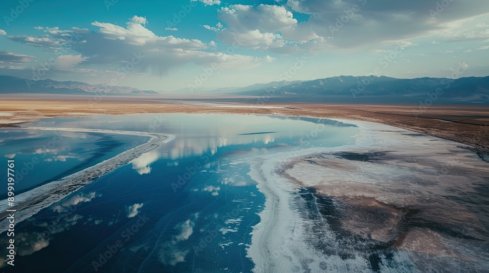 Aerial view of a salt flat in the middle of a vast desert. Aerial view of a salt flat in the middle of a vast desert.