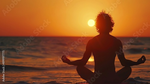 Silhouette of young boy practicing yoga on the beach at sunset. photo