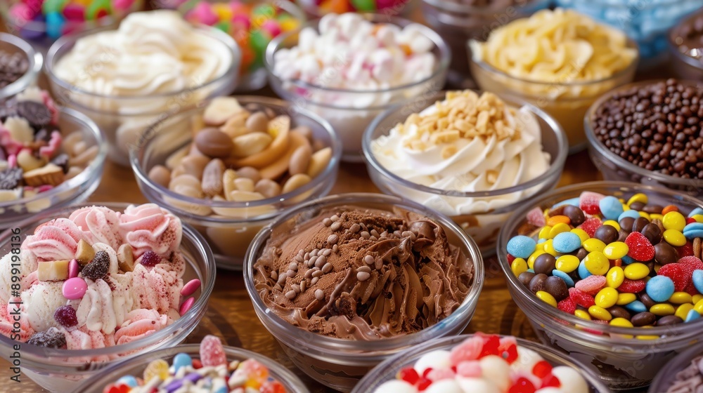 An ice cream sundae bar with various toppings like nuts, candies, and sauces, ready for a party.