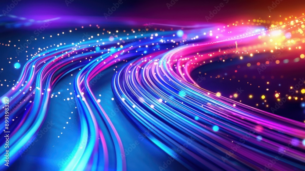 A colorful, swirling line of light is projected onto a blue background A colorful, swirling line of light is projected onto a blue background