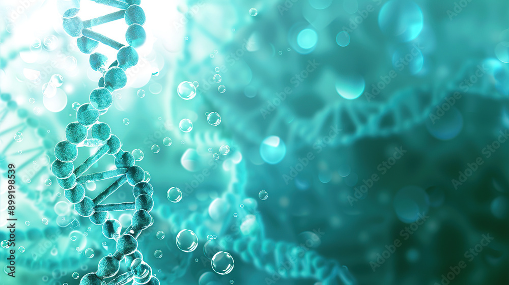 Abstract background with double helix of DNA and biembaliacryl bubbles on blue green background Abstract background with double helix of DNA and biembaliacryl bubbles on blue green background