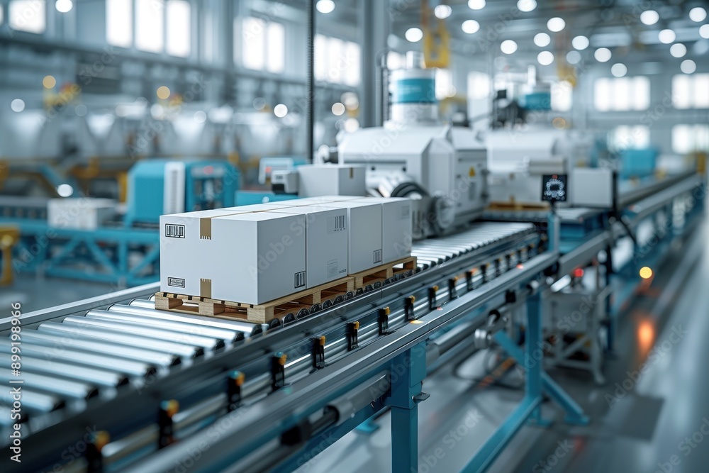 Parcel boxes on a conveyor belt in a factory bokeh style background Parcel boxes on a conveyor belt in a factory bokeh style background