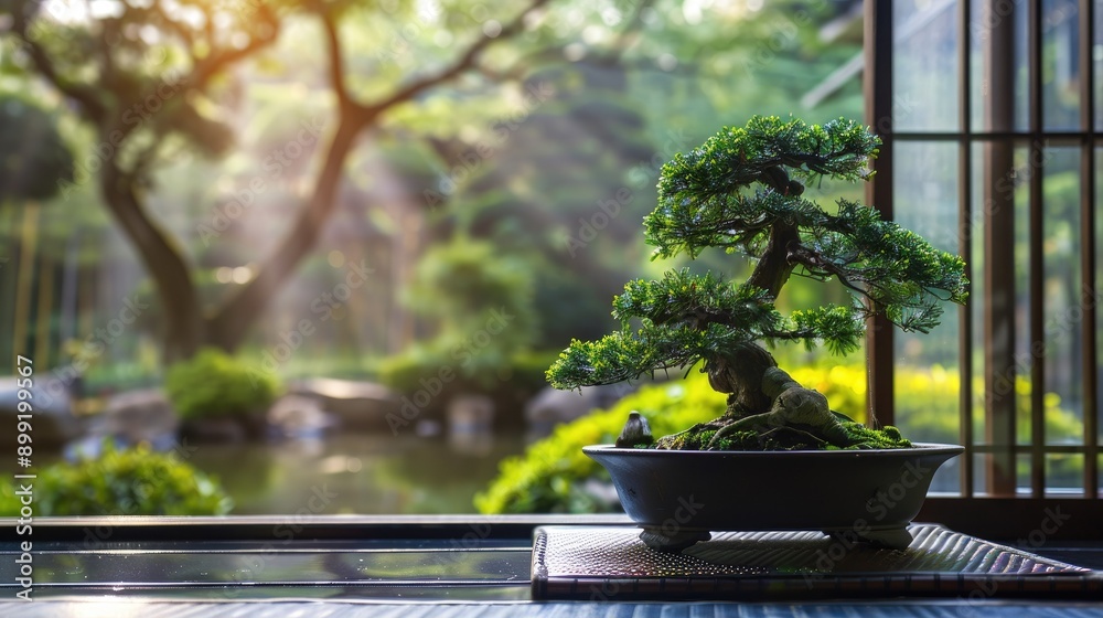 Elegant bonsai tree in a traditional Japanese tea room, creating a serene atmosphere. Elegant bonsai tree in a traditional Japanese tea room, creating a serene atmosphere.