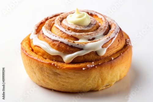 Freshly baked cinnamon roll smothered in rich cream, sprinkled with cinnamon sugar, arranged artfully on a clean white background, evoking warmth and comfort.