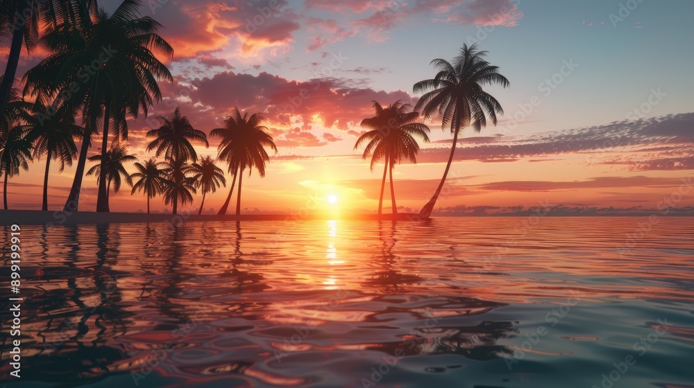 Sunset over a calm lagoon with silhouettes of palm trees and gentle waves lapping at the shore. Sunset over a calm lagoon with silhouettes of palm trees and gentle waves lapping at the shore.