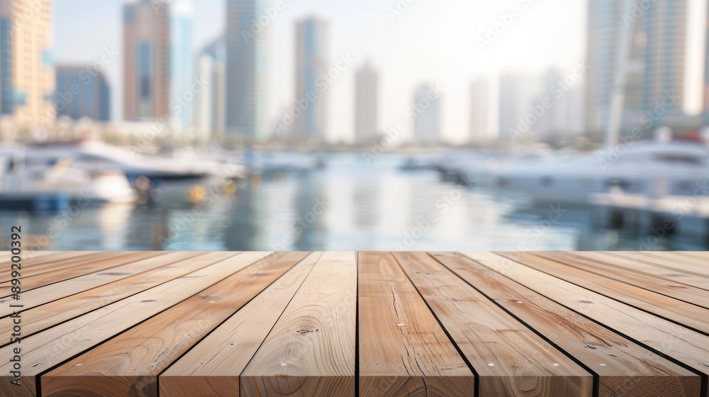 Wooden Table with Cityscape and Marina in the Background Wooden Table with Cityscape and Marina in the Background