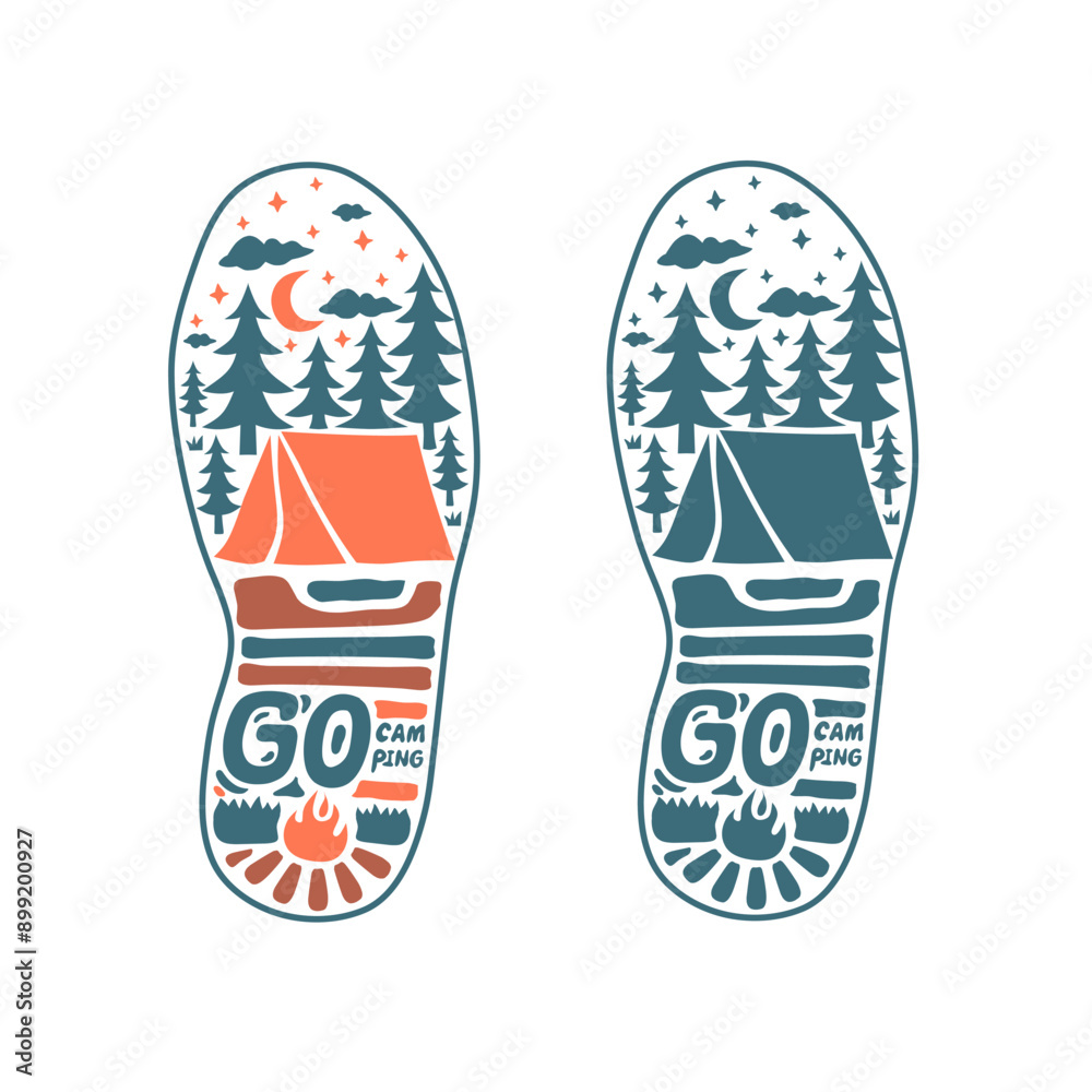 camp footprints and campfire illustration.vector adventure in the forest camp footprints and campfire illustration.vector adventure in the forest