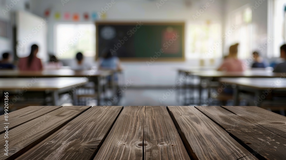 Wooden Desk in a Blurred Classroom Setting Wooden Desk in a Blurred Classroom Setting