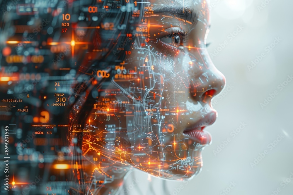 A person's face with digital graphic on her face A person's face with digital graphic on her face