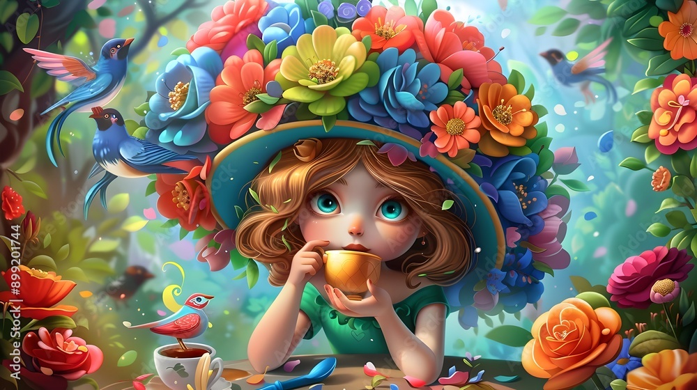 Fototapeta premium Whimsical Floral Adorned Girl Sipping Tea Amidst Lush Forest and Birds