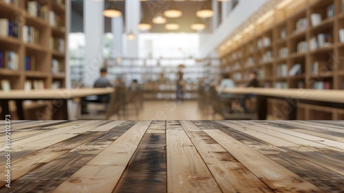 Wooden Tabletop in a Modern Library: Perfect for Displaying Your Products