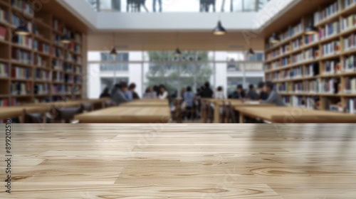 Wooden Table in a Modern Library - Blurred Background