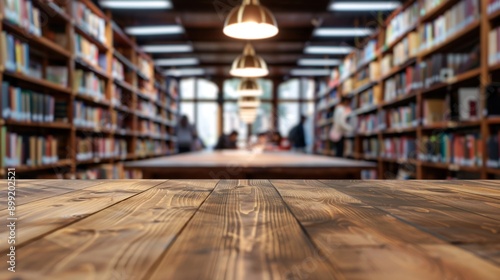Wooden Table in a Blurred Library Setting
