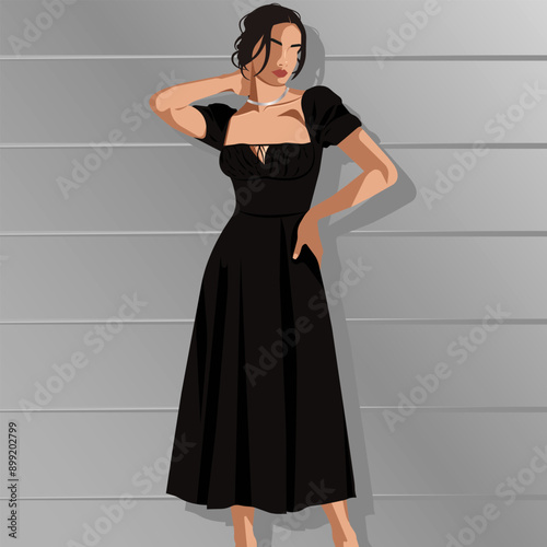 Elegant young woman in a black midi dress. Fashion illustration, faceless. Vector, hand drawn. 
