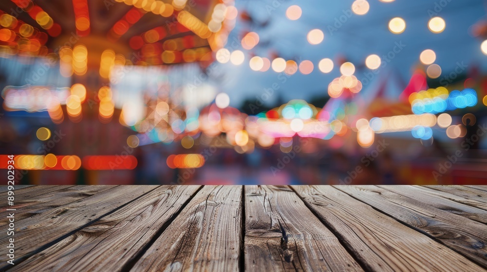 Rustic Wooden Table with Blurry Carnival Lights Background Rustic Wooden Table with Blurry Carnival Lights Background