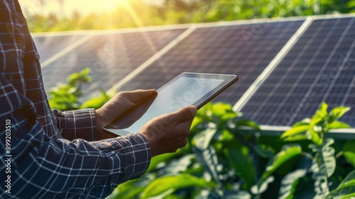 A person holding a tablet in front of a solar panel photo