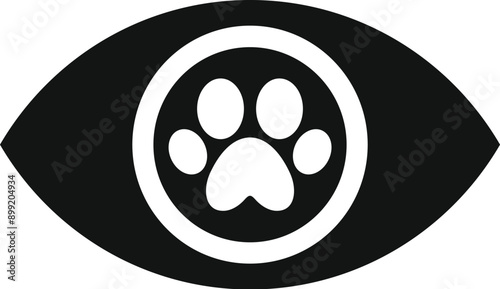 Black and white icon of an eye watching a dog paw print