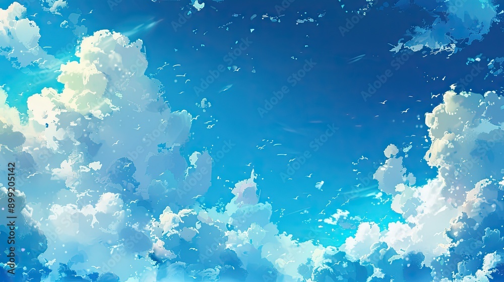 A bright blue sky with billowing white fluffy clouds floating softly, creating a dreamy and abstract visual.