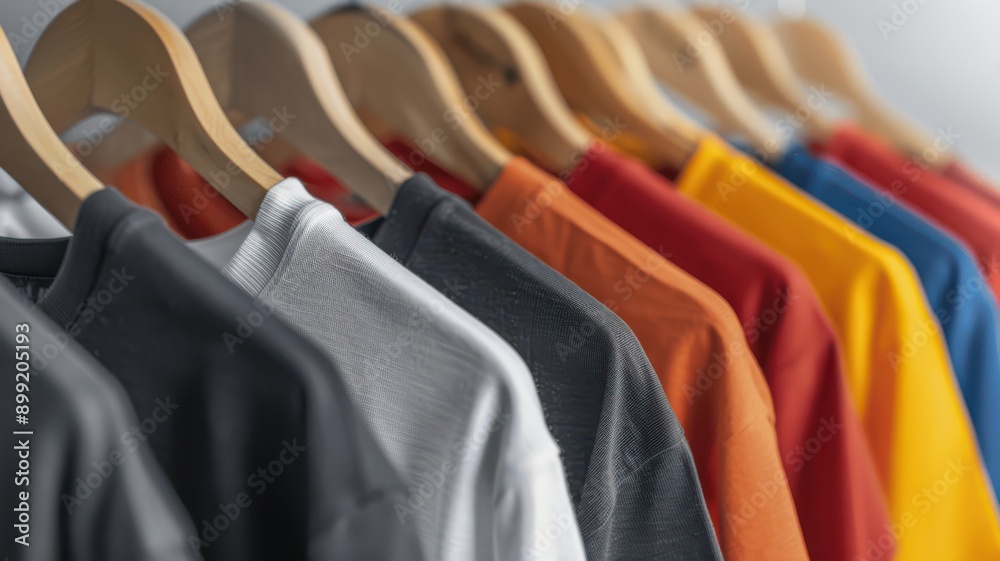 A row of shirts hanging on a clothesline, with a variety of colors and styles A row of shirts hanging on a clothesline, with a variety of colors and styles
